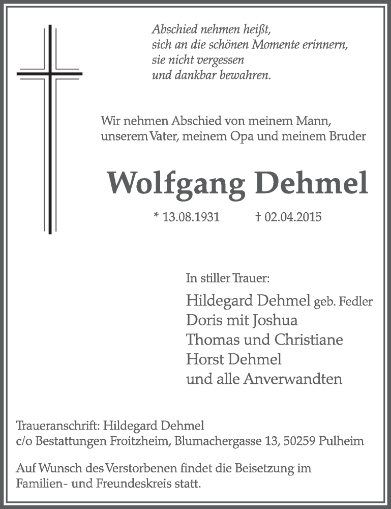  Traueranzeige für Wolfgang Dehmel vom 18.04.2015 aus 