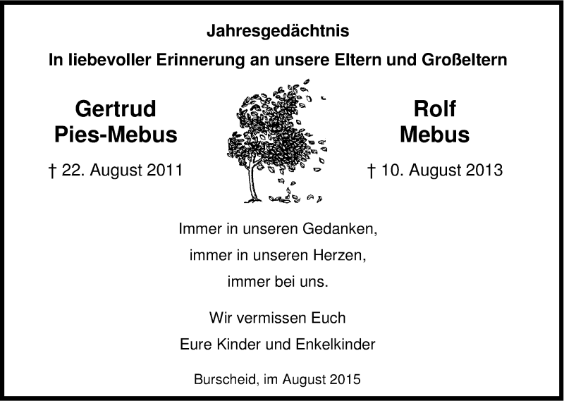  Traueranzeige für Gertrud und Rolf Mebus vom 22.08.2015 aus Kölner Stadt-Anzeiger / Kölnische Rundschau / Express