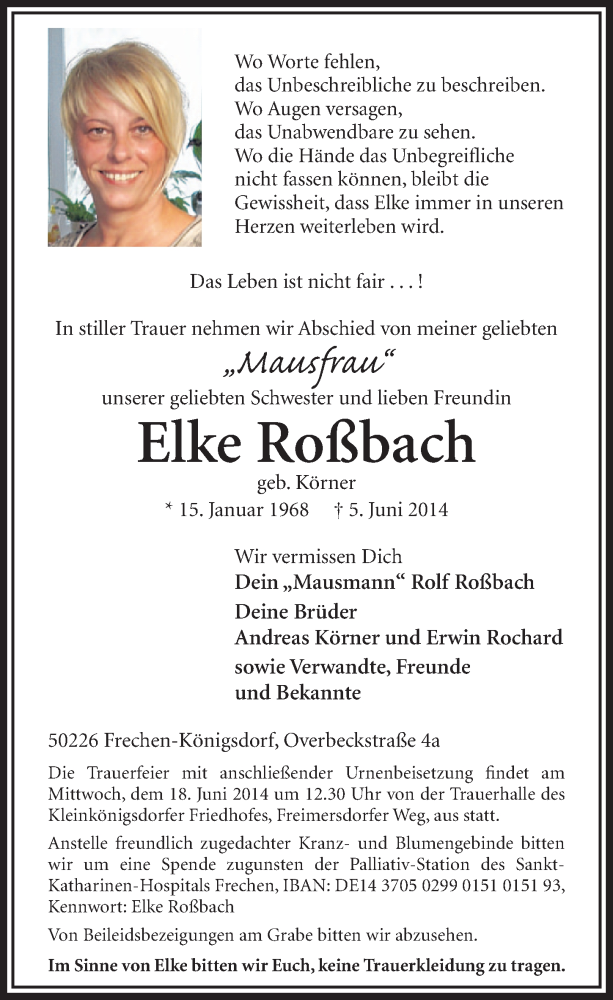 Traueranzeige für Elke Roßbach vom 14.06.2014 aus  Sonntags-Post 