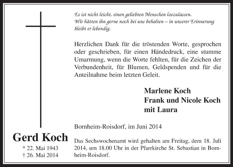  Traueranzeige für Gerd Koch vom 18.06.2014 aus  Schaufenster/Blickpunkt 