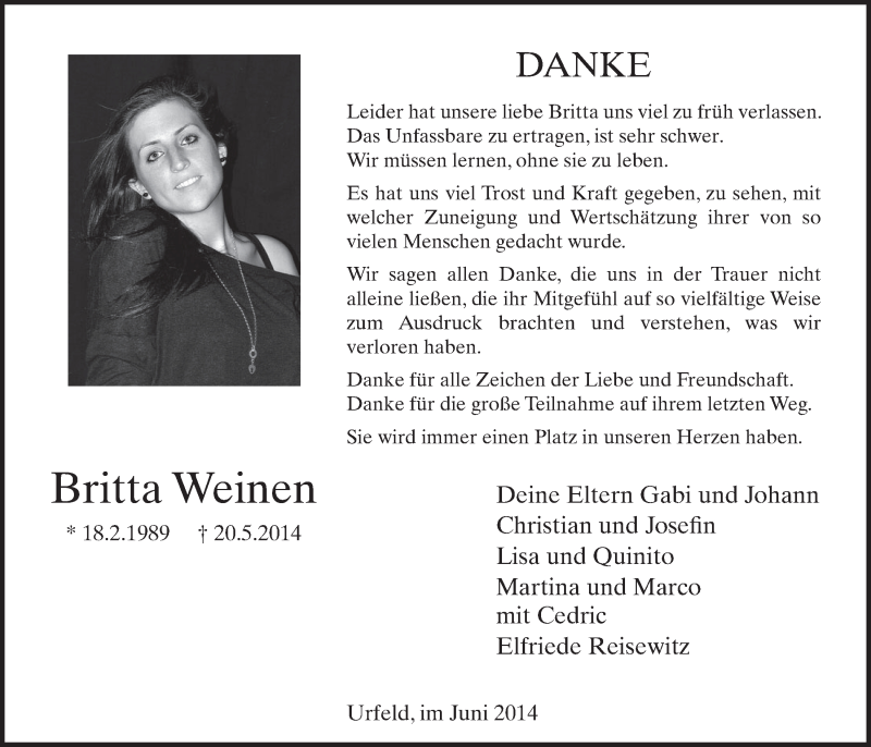  Traueranzeige für Britta Weinen vom 25.06.2014 aus  Schlossbote/Werbekurier 