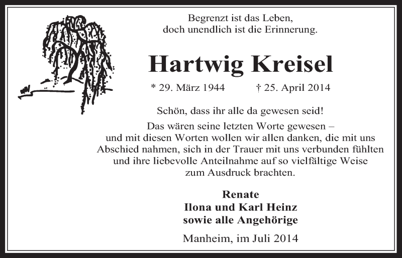  Traueranzeige für Hartwig Kreisel vom 09.07.2014 aus  Werbepost 