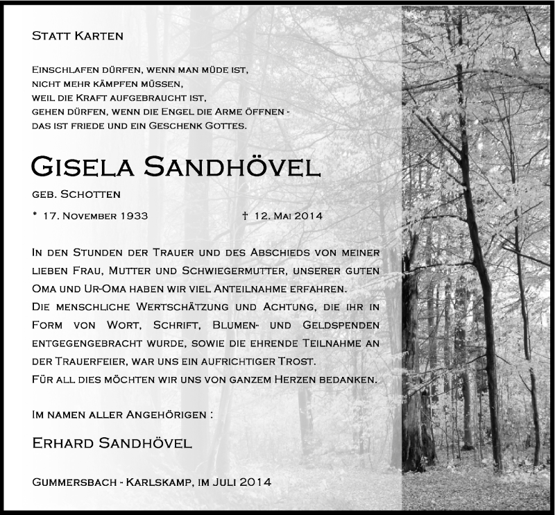  Traueranzeige für Gisela Sandhövel vom 09.07.2014 aus  Anzeigen Echo 