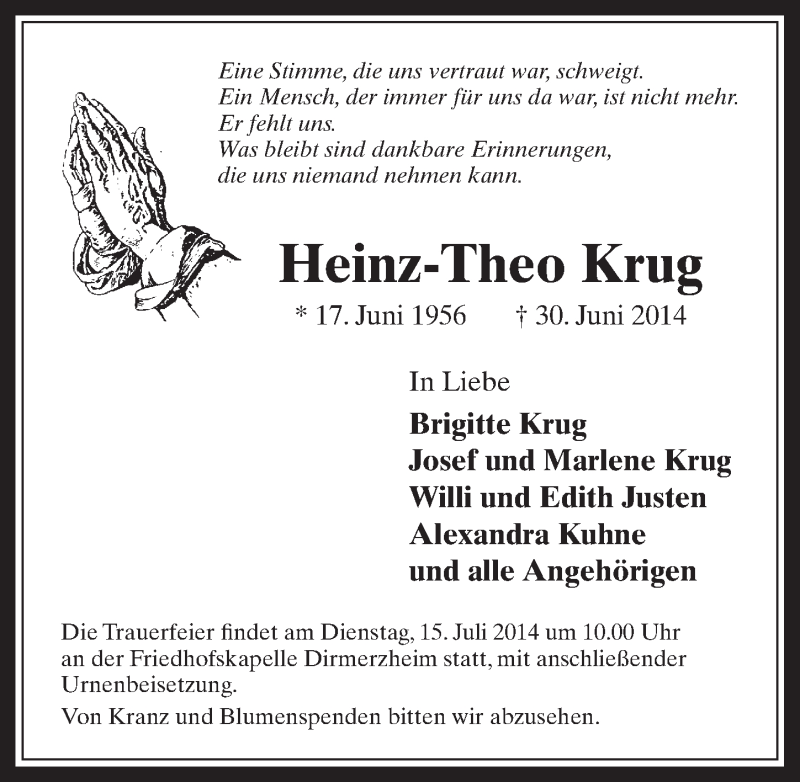  Traueranzeige für Heinz-Theo Krug vom 09.07.2014 aus  Werbepost 