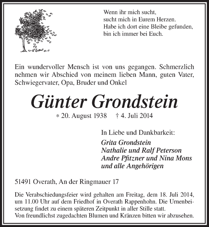  Traueranzeige für Günter Grondstein vom 12.07.2014 aus  Bergisches Sonntagsblatt 