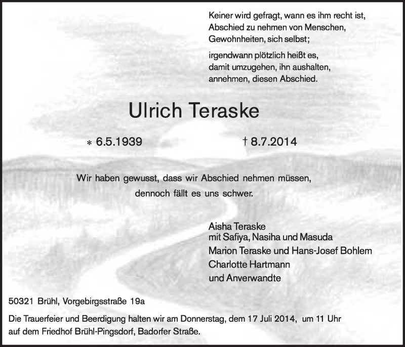  Traueranzeige für Ulrich Teraske vom 16.07.2014 aus  Schlossbote/Werbekurier 