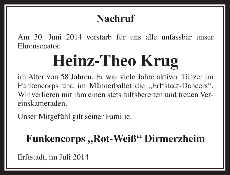  Traueranzeige für Heinz-Theo Krug vom 16.07.2014 aus  Werbepost 
