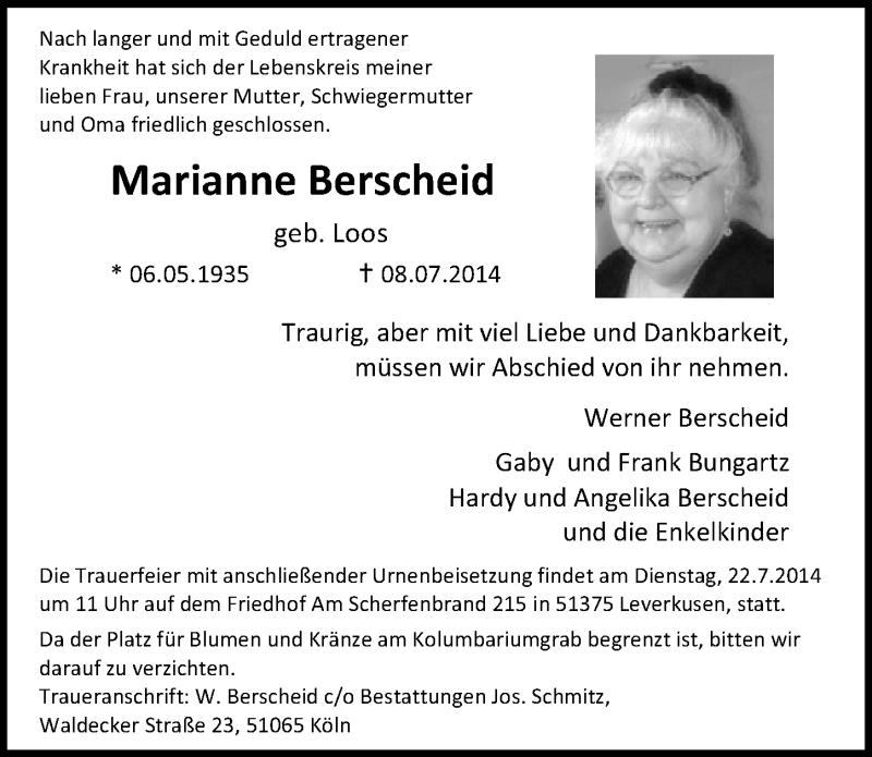  Traueranzeige für Marianne Berscheid vom 16.07.2014 aus  Bergisches Handelsblatt 