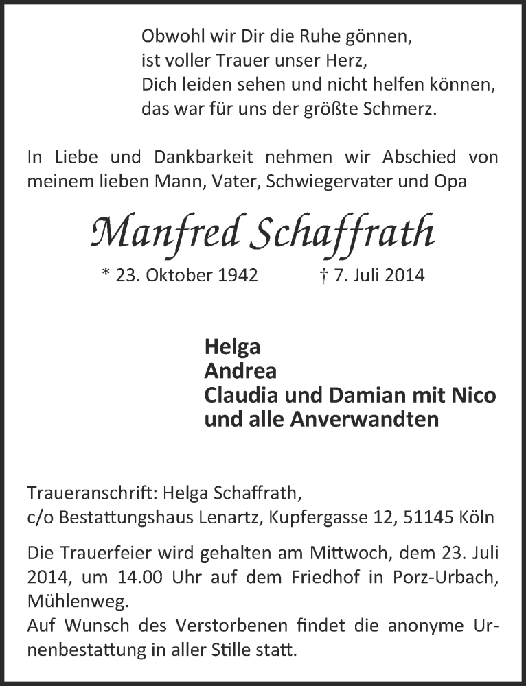  Traueranzeige für Manfred Schaffrath vom 16.07.2014 aus  Kölner Wochenspiegel 