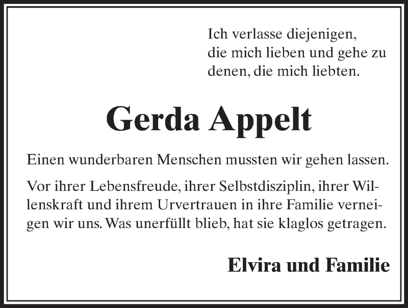  Traueranzeige für Gerda Appelt vom 16.07.2014 aus  Schlossbote/Werbekurier 