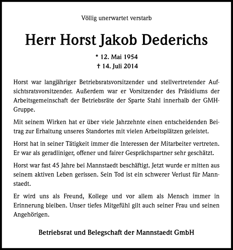  Traueranzeige für Horst Jakob Dederichs vom 23.07.2014 aus  Extra Blatt 