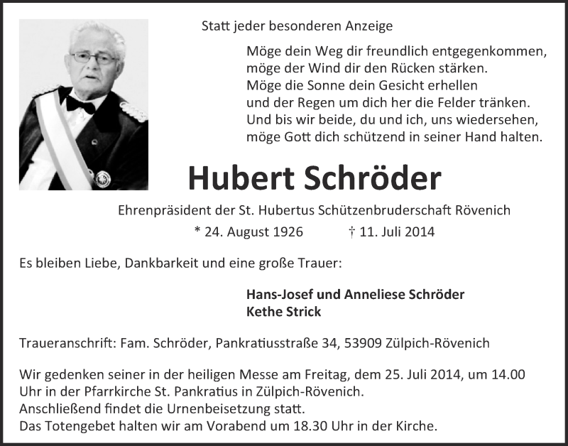  Traueranzeige für Hubert Schröder vom 20.07.2014 aus  Blickpunkt Euskirchen 