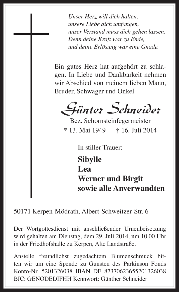  Traueranzeige für Günter Schneider vom 23.07.2014 aus  Werbepost 