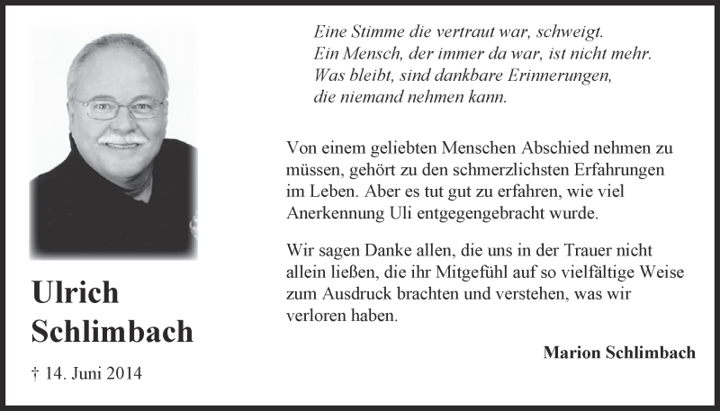  Traueranzeige für Ulrich Schlimbach vom 23.07.2014 aus  Kölner Wochenspiegel 