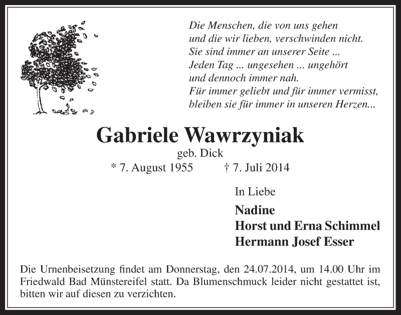  Traueranzeige für Gabriele Wawrzyniak vom 23.07.2014 aus  Werbepost 