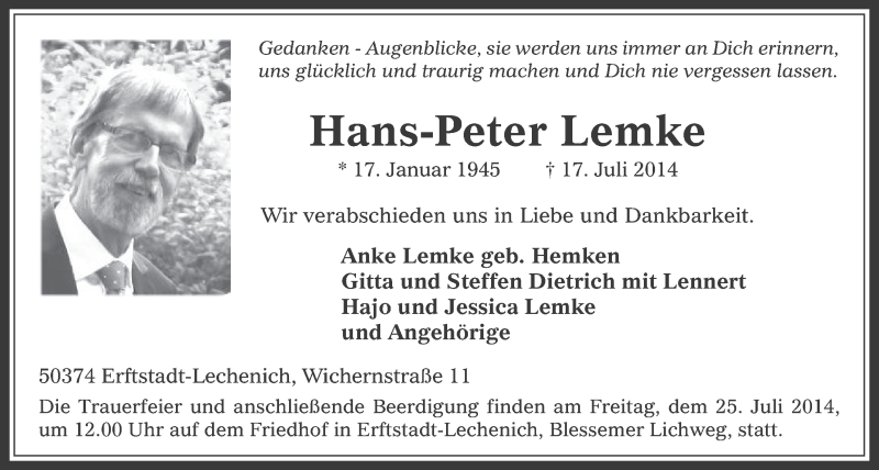  Traueranzeige für Hans-Peter Lemke vom 23.07.2014 aus  Werbepost 