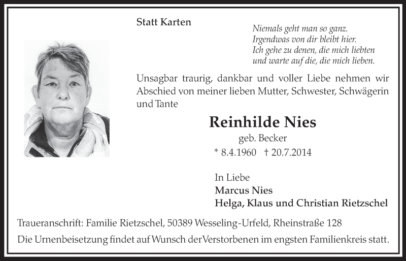  Traueranzeige für Reinhilde Nies vom 23.07.2014 aus  Schlossbote/Werbekurier 