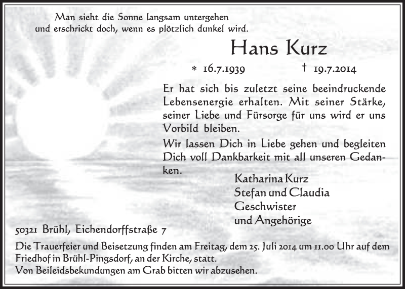  Traueranzeige für Hans Kurz vom 23.07.2014 aus  Schlossbote/Werbekurier 