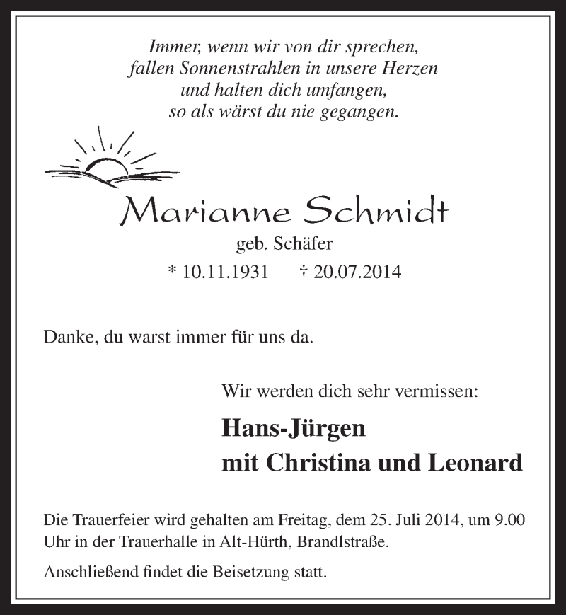  Traueranzeige für Marianne Schmidt vom 23.07.2014 aus  Wochenende 