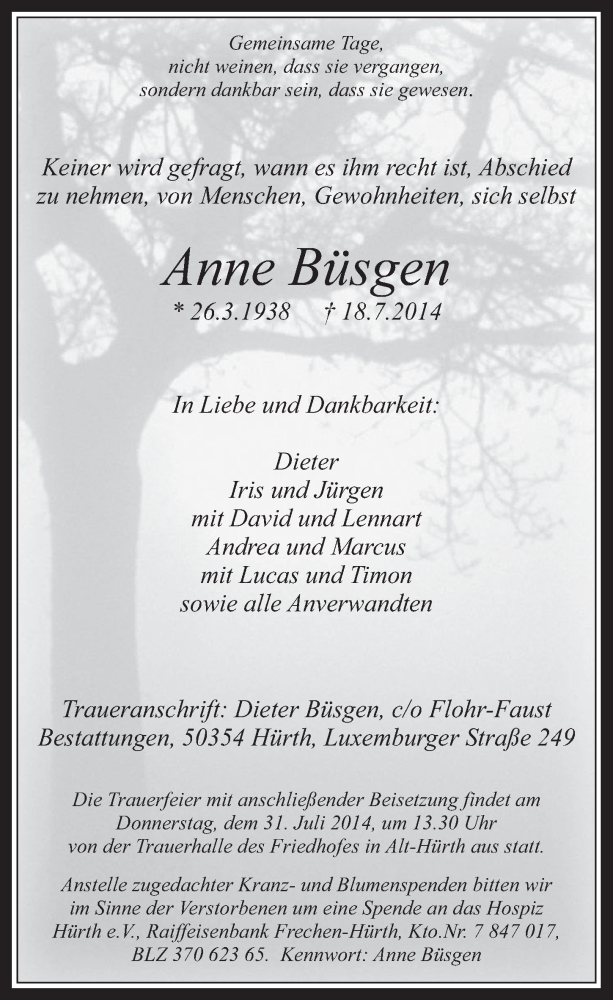  Traueranzeige für Anne Büsgen vom 23.07.2014 aus  Wochenende 