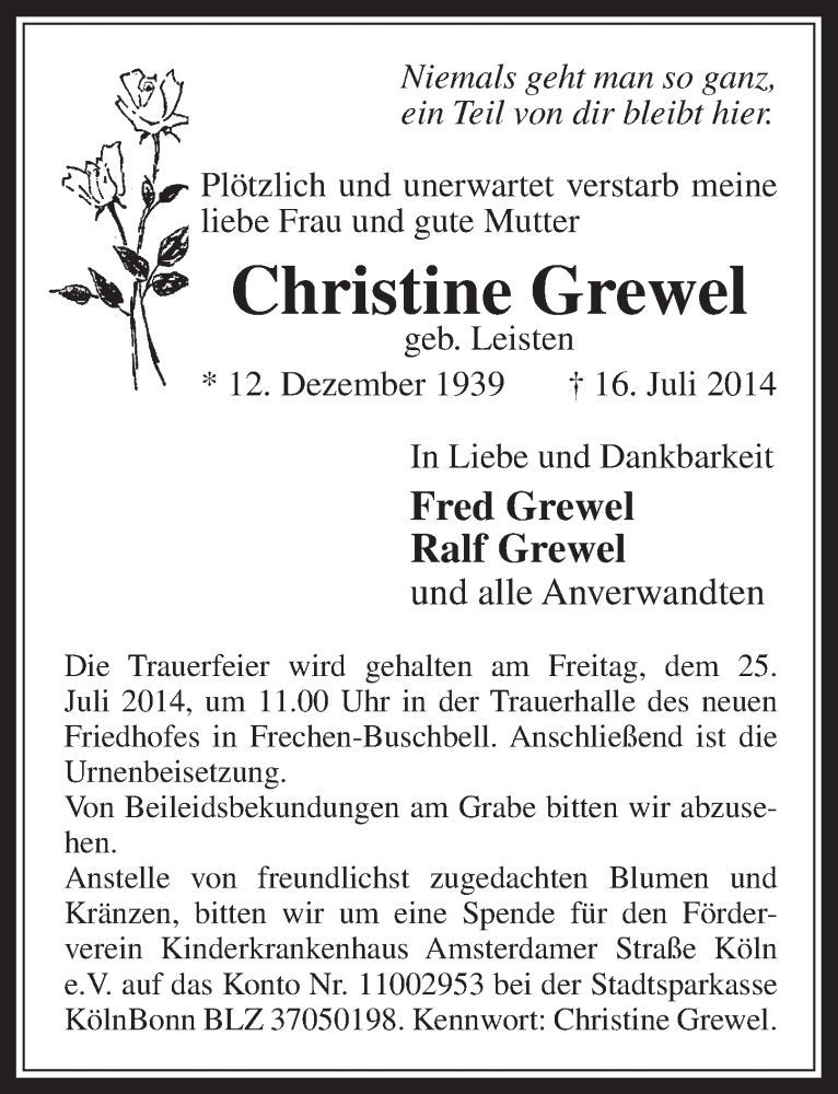  Traueranzeige für Christine Grewel vom 23.07.2014 aus  Wochenende 