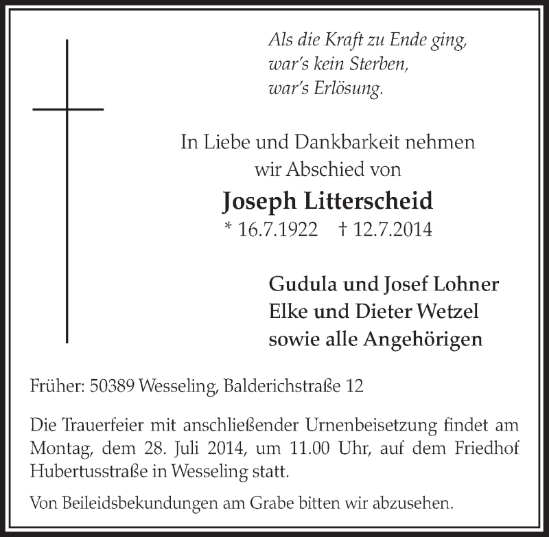  Traueranzeige für Joseph Litterscheid vom 23.07.2014 aus  Schlossbote/Werbekurier 