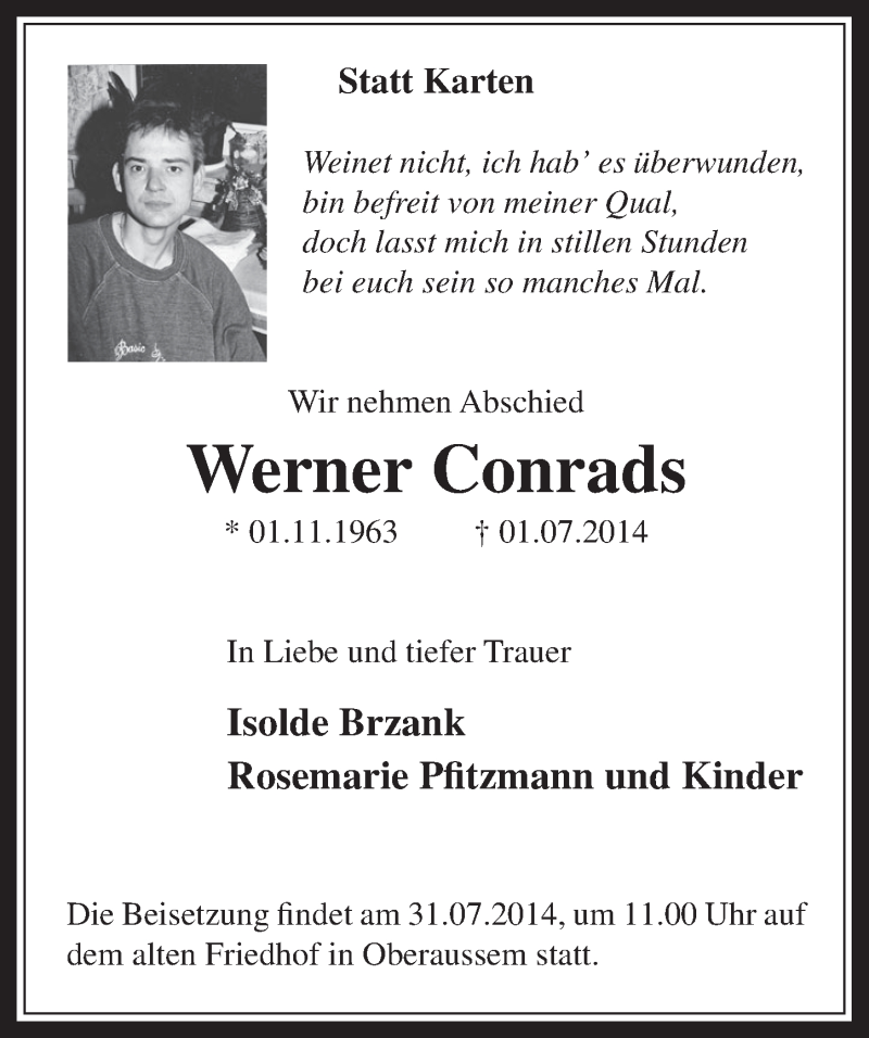  Traueranzeige für Werner Conrads vom 23.07.2014 aus  Werbepost 