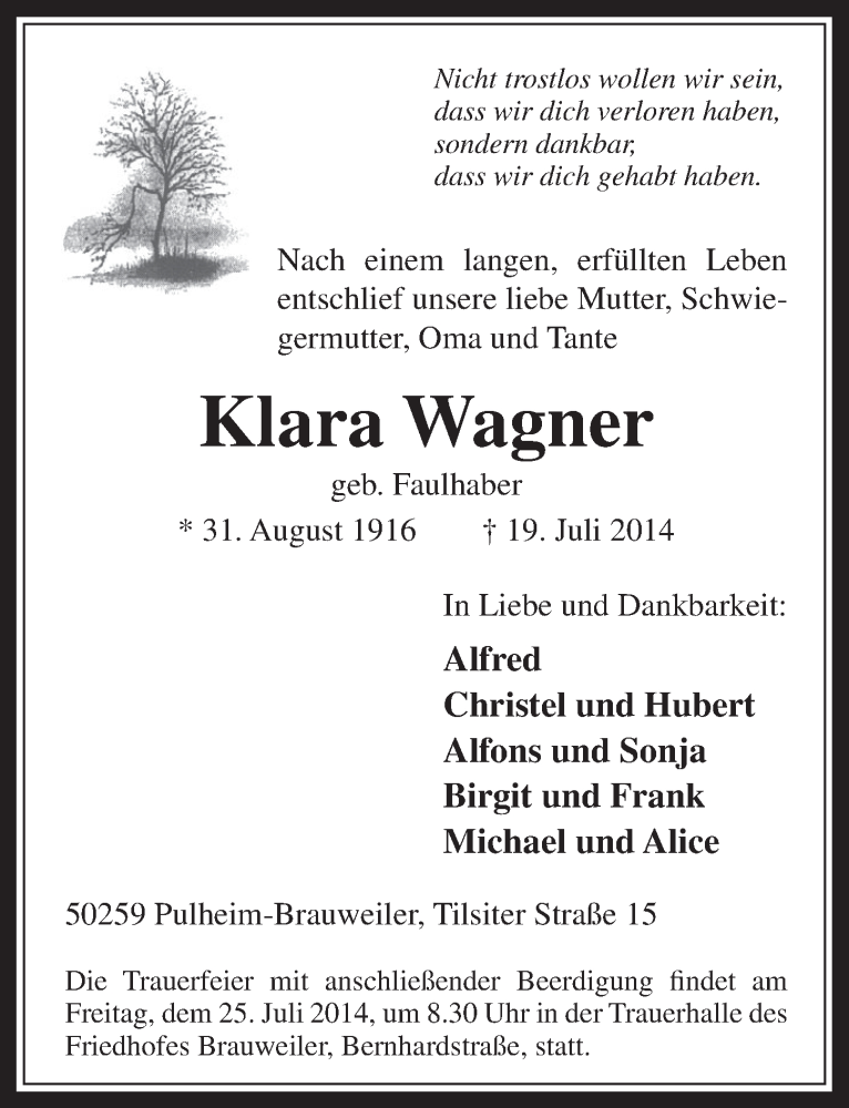  Traueranzeige für Klara Wagner vom 23.07.2014 aus  Wochenende 