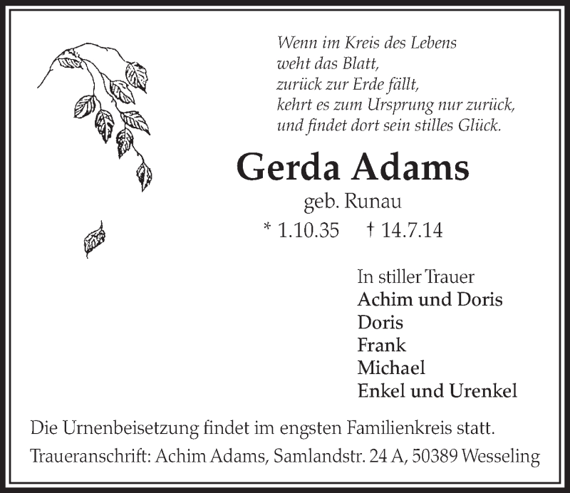  Traueranzeige für Gerda Adams vom 23.07.2014 aus  Schlossbote/Werbekurier 