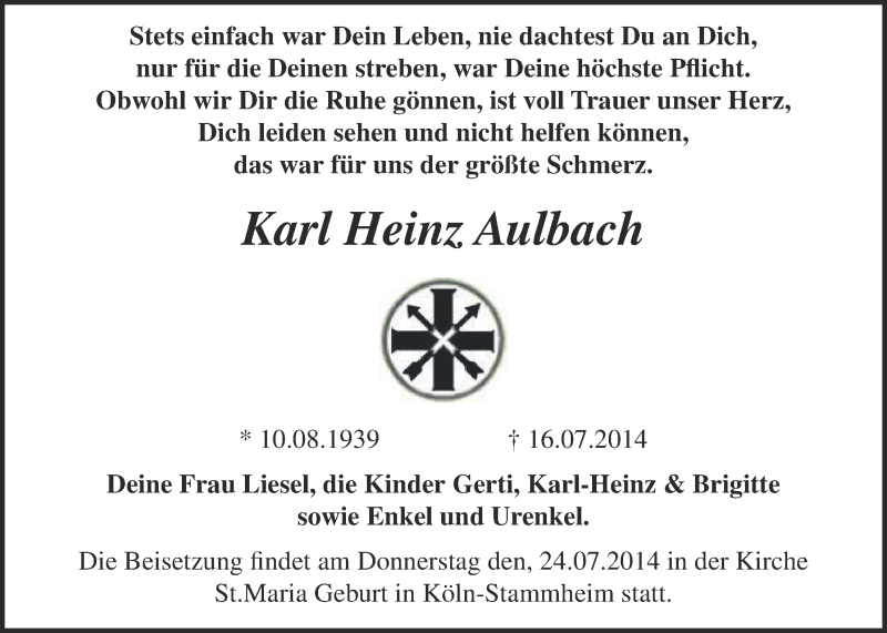  Traueranzeige für Karl Heinz Aulbach vom 23.07.2014 aus  Kölner Wochenspiegel 