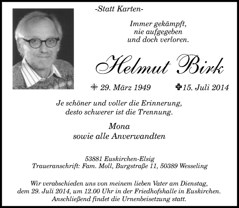  Traueranzeige für Helmut Birk vom 23.07.2014 aus  Schlossbote/Werbekurier 