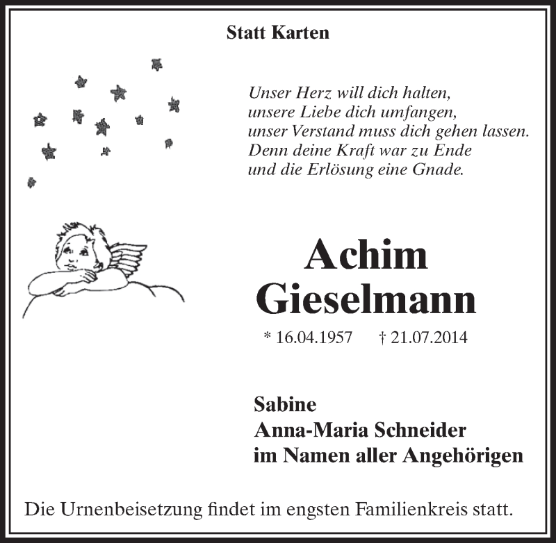  Traueranzeige für Achim Gieselmann vom 26.07.2014 aus  Sonntags-Post 