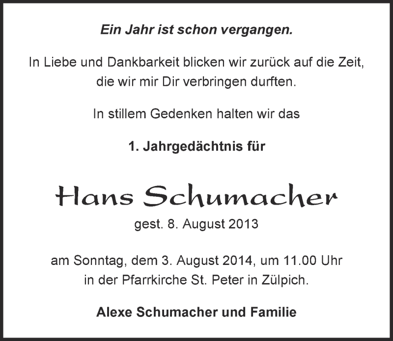  Traueranzeige für Hans Schumacher vom 27.07.2014 aus  Blickpunkt Euskirchen 