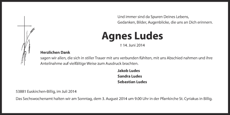  Traueranzeige für Agnes Ludes vom 27.07.2014 aus  Blickpunkt Euskirchen 