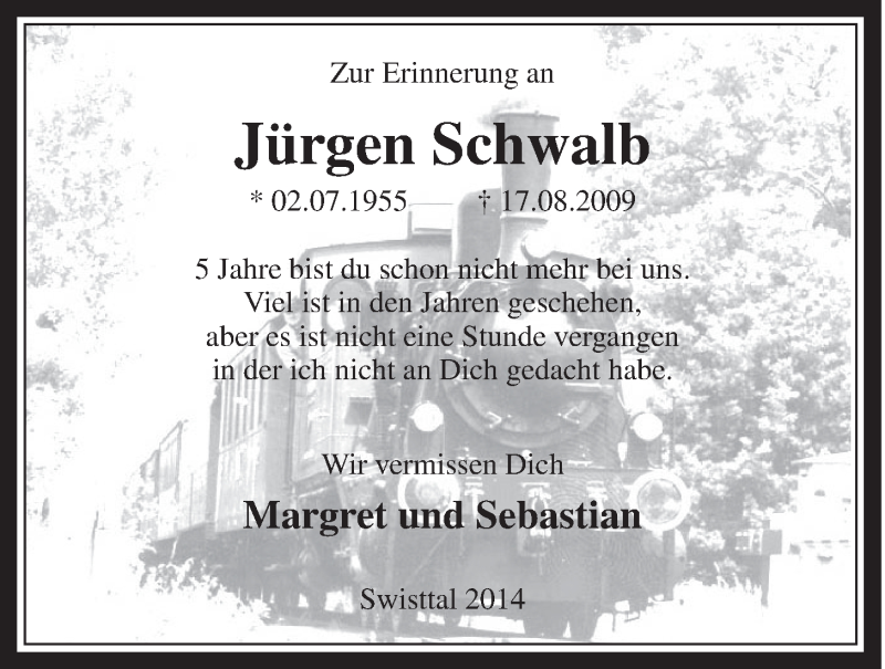  Traueranzeige für Jürgen Schwalb vom 13.08.2014 aus  Schaufenster/Blickpunkt 