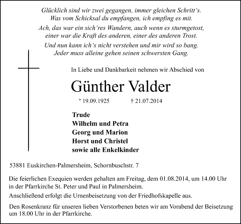  Traueranzeige für Günther Valder vom 27.07.2014 aus  Blickpunkt Euskirchen 