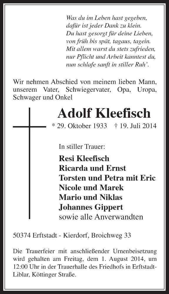  Traueranzeige für Adolf Kleefisch vom 27.07.2014 aus  Blickpunkt Euskirchen 