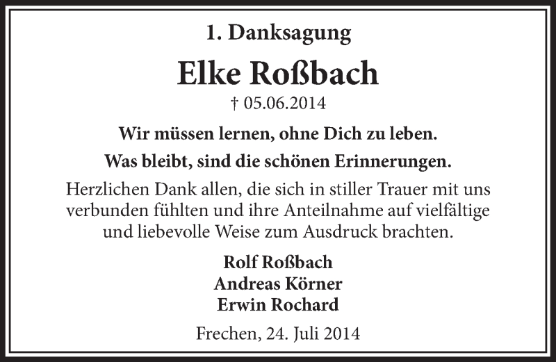  Traueranzeige für Elke Roßbach vom 26.07.2014 aus  Sonntags-Post 