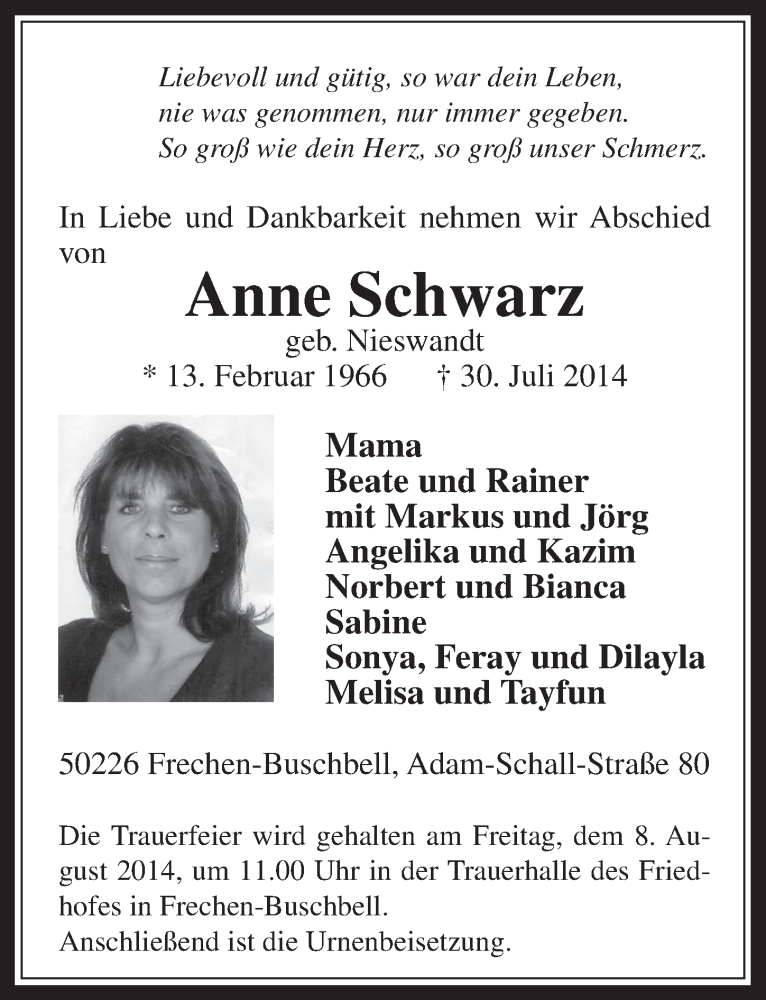  Traueranzeige für Anne Schwarz vom 06.08.2014 aus  Wochenende 