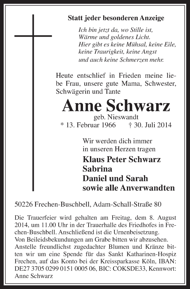  Traueranzeige für Anne Schwarz vom 06.08.2014 aus  Wochenende 