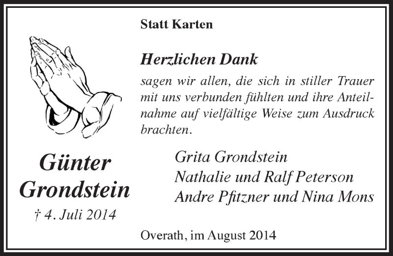  Traueranzeige für Günter Grondstein vom 13.08.2014 aus  Bergisches Handelsblatt 