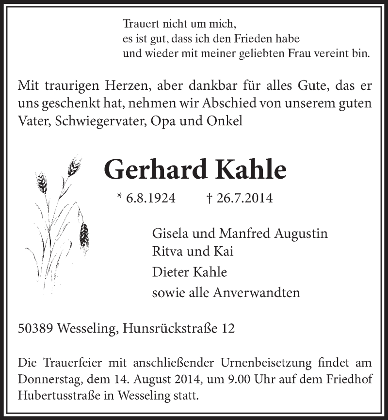  Traueranzeige für Gerhard Kahle vom 13.08.2014 aus  Schlossbote/Werbekurier 