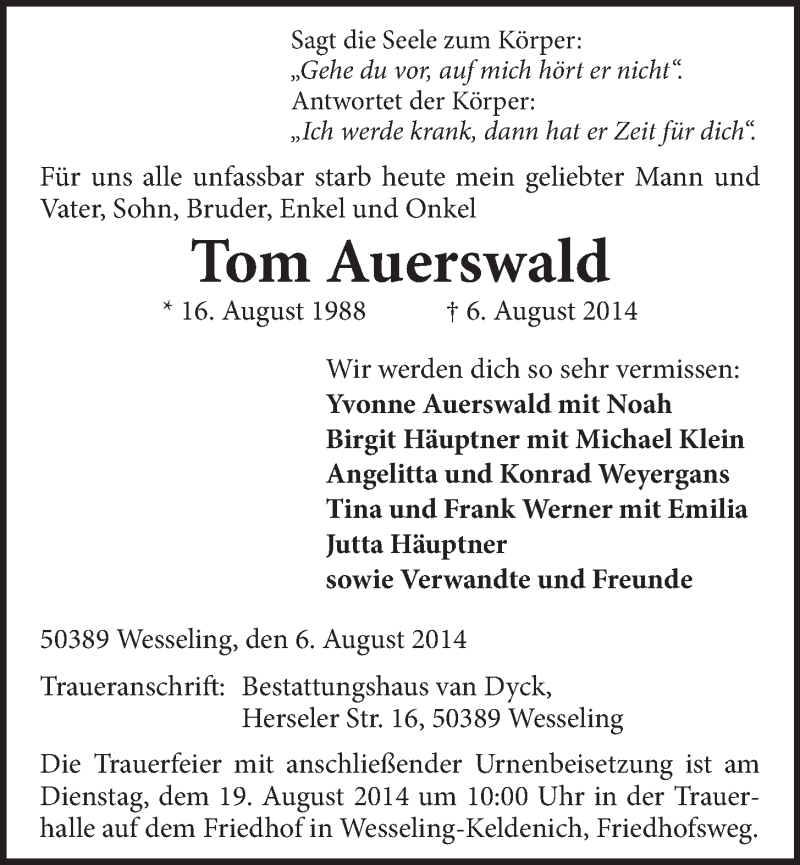  Traueranzeige für Tom Auerswald vom 13.08.2014 aus  Schlossbote/Werbekurier 
