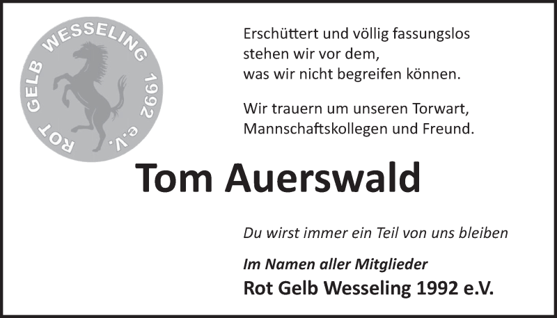  Traueranzeige für Tom Auerswald vom 13.08.2014 aus  Schlossbote/Werbekurier 