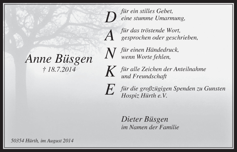  Traueranzeige für Anne Büsgen vom 20.08.2014 aus  Wochenende 