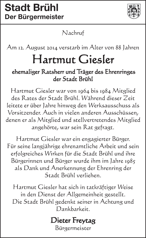  Traueranzeige für Hartmut Giesler vom 20.08.2014 aus  Schlossbote/Werbekurier 