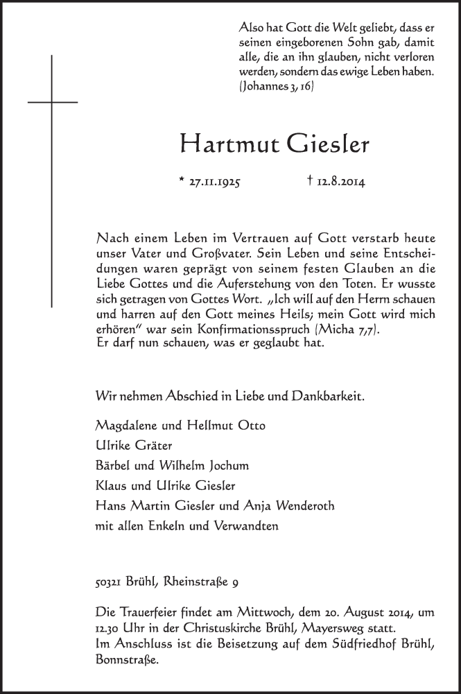  Traueranzeige für Hartmut Giesler vom 20.08.2014 aus  Schlossbote/Werbekurier 
