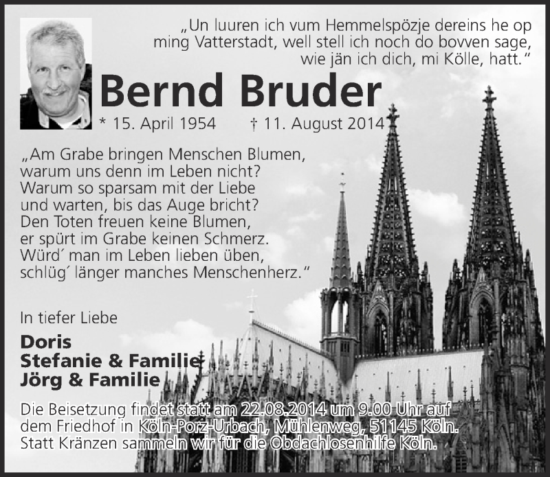  Traueranzeige für Bernd Bruder vom 20.08.2014 aus  Kölner Wochenspiegel 