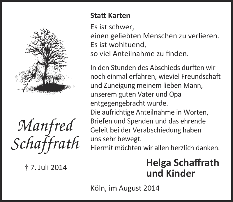  Traueranzeige für Manfred Schaffrath vom 20.08.2014 aus  Kölner Wochenspiegel 