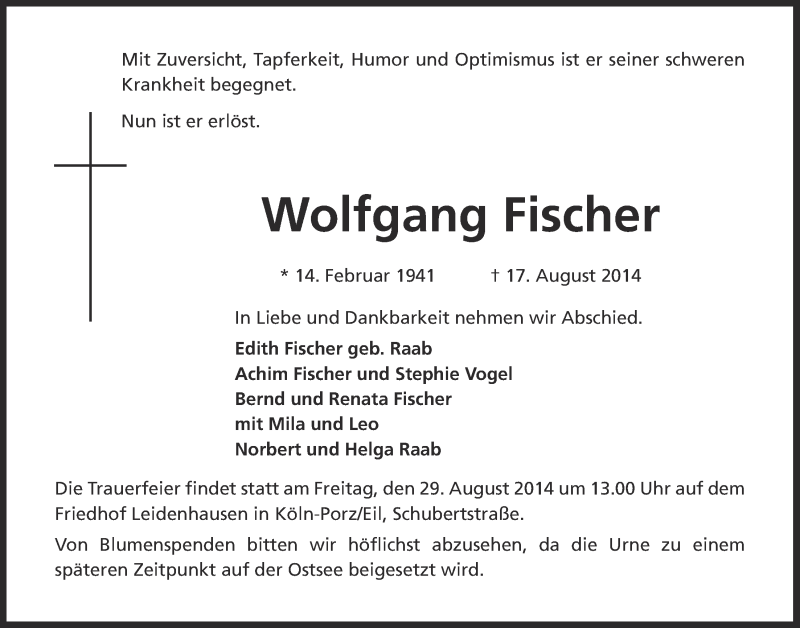  Traueranzeige für Wolfgang Fischer vom 20.08.2014 aus  Kölner Wochenspiegel 